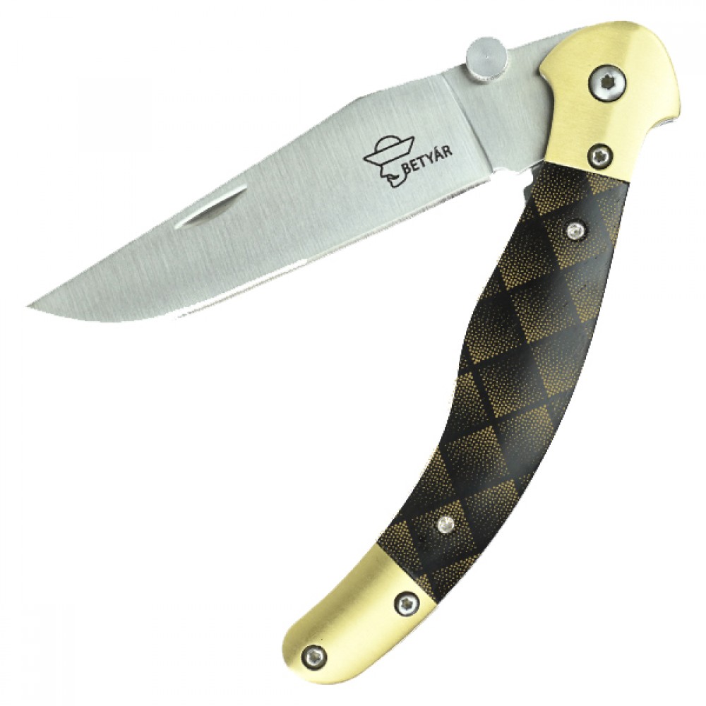 Fejesgörbe - Betyár Ébenfa Markolatú Bicska – Megújult Betyár Bicska, Minőségi AUS8-A Acélpenge, Állítható Nyitószemölccsel és Kényelmes Markolattal - Geometrikus minta pontokból Fejesgörbe - Betyár Ébenfa Markolatú Bicska – Megújult Betyár Bicska, Minőségi AUS8-A Acélpenge, Állítható Nyitószemölccsel és Kényelmes Markolattal - Geometrikus minta pontokból