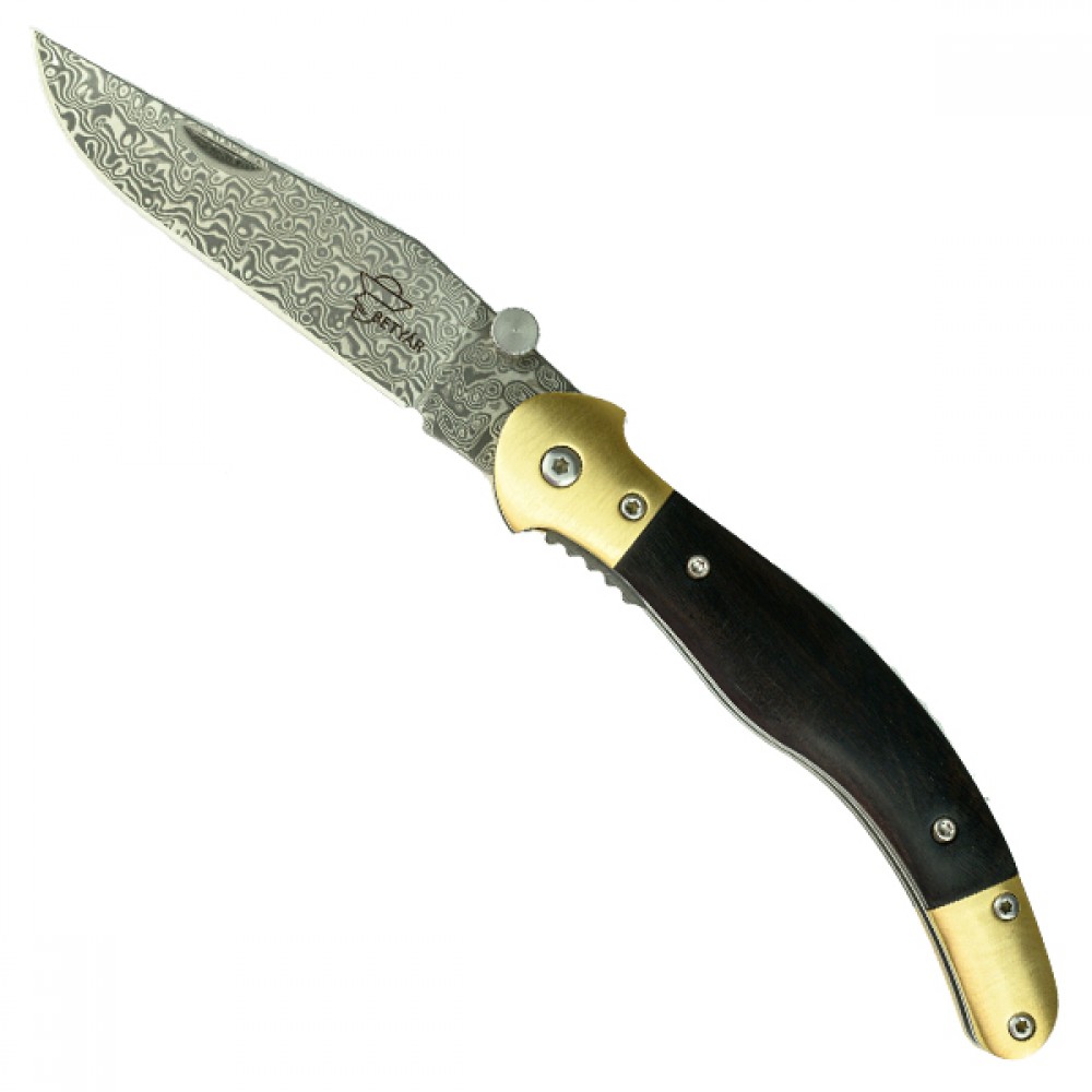 Fejesgörbe - Damaszk Bicska – Kiváló Minőségű Damaszkuszi Acél Penge, Ébenfa Markolattal és Állítható Nyitószemölccsel